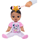 13-inch interactive baby doll with brown hair, wearing a Minnie Mouse onesie, with a star-shaped accessory on its head.