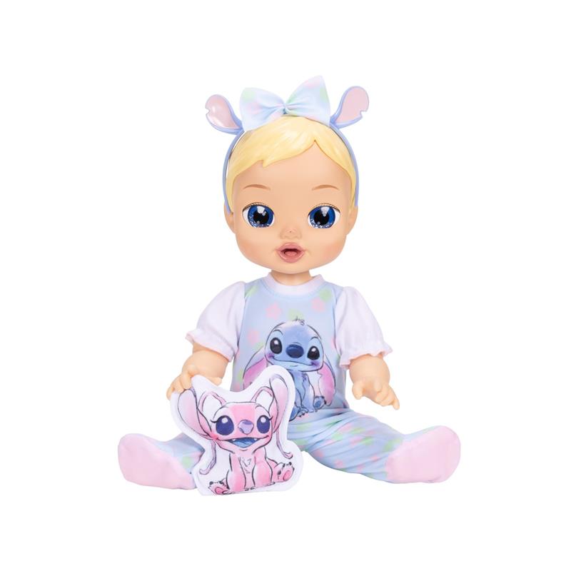 13-inch interactive baby doll resembling Stitch, wearing a pastel outfit and holding a plush Stitch toy.