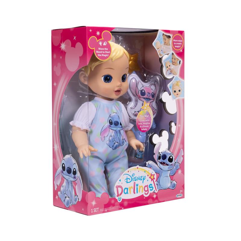 13-inch interactive baby doll inspired by Stitch, wearing colorful pajamas, packaged with magic wand instructions.