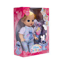 13-inch interactive baby doll inspired by Stitch, wearing colorful pajamas, packaged with magic wand instructions.