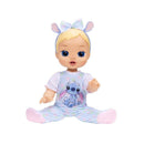 Interactive 13-inch baby doll with blonde hair, Stitch-themed outfit, blue eyes, and a headband with ears.