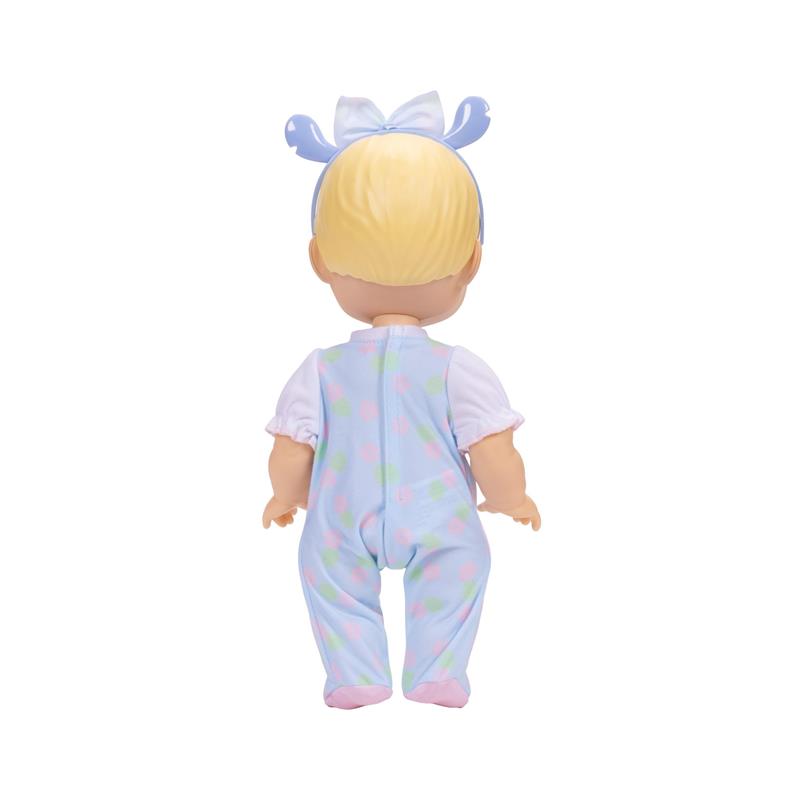 13-inch baby doll with blonde hair and blue bow, dressed in a pastel, polka-dotted onesie.