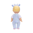 13-inch baby doll with blonde hair and blue bow, dressed in a pastel, polka-dotted onesie.