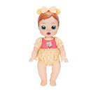 Deluxe baby doll dressed in Pooh-themed outfit with a pink top and yellow bottom, featuring a bow headband.