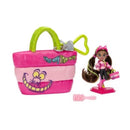 Cheshire Cat-themed pink tote bag, 2-inch mini doll in sporty outfit, and pink comb accessory.