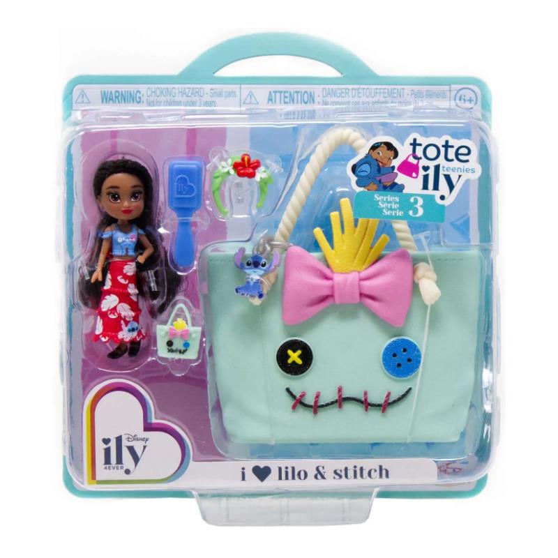 Mini doll from Jakks Disney ily 4EVER series with a tote bag featuring Lilo & Stitch, accessories include a hairbrush and headband.