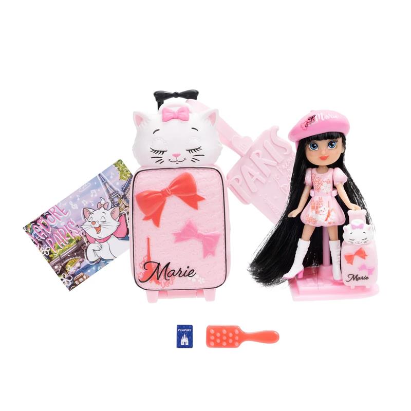 2-inch mini doll representing Marie from Disney, with a pink suitcase, travel accessories, and a Paris-themed postcard.
