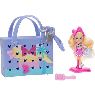 Purple tote bag with Mickey Mouse design and a 2-inch blonde doll in a pink outfit holding a book and a hairbrush.
