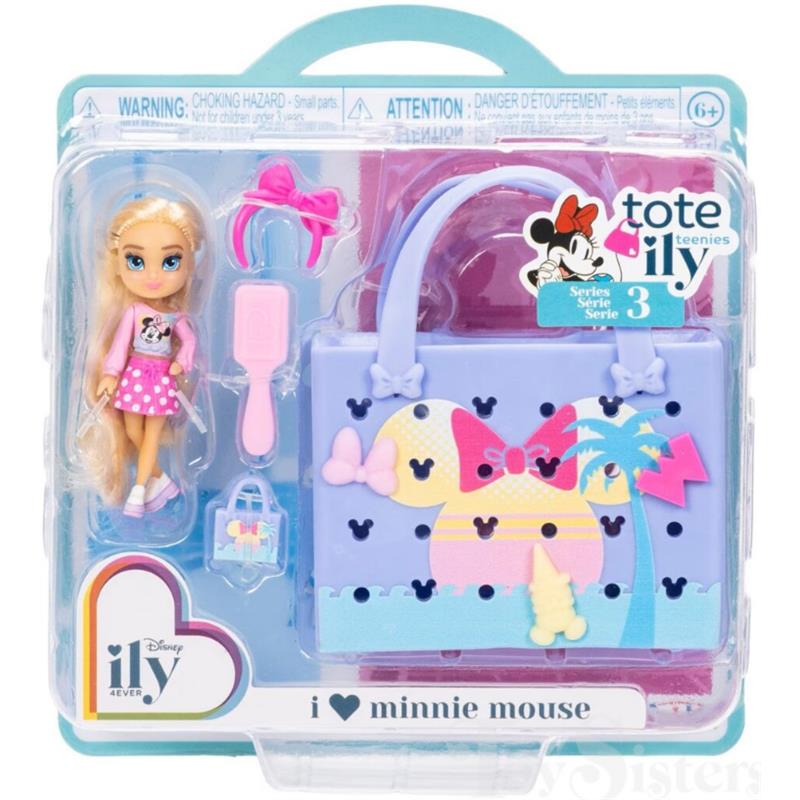 2-inch mini doll with blonde hair, pink outfit, accessories, and a themed tote featuring Minnie Mouse design.