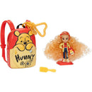 Winnie the Pooh-themed tote bag with a 2-inch mini doll featuring curly blonde hair, casual outfit, and honey-themed accessories.
