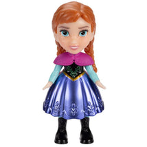 Disney Mini Toddler Doll of Princess Anna from Frozen, featuring a pink cape, blue top, and purple skirt with black boots.
