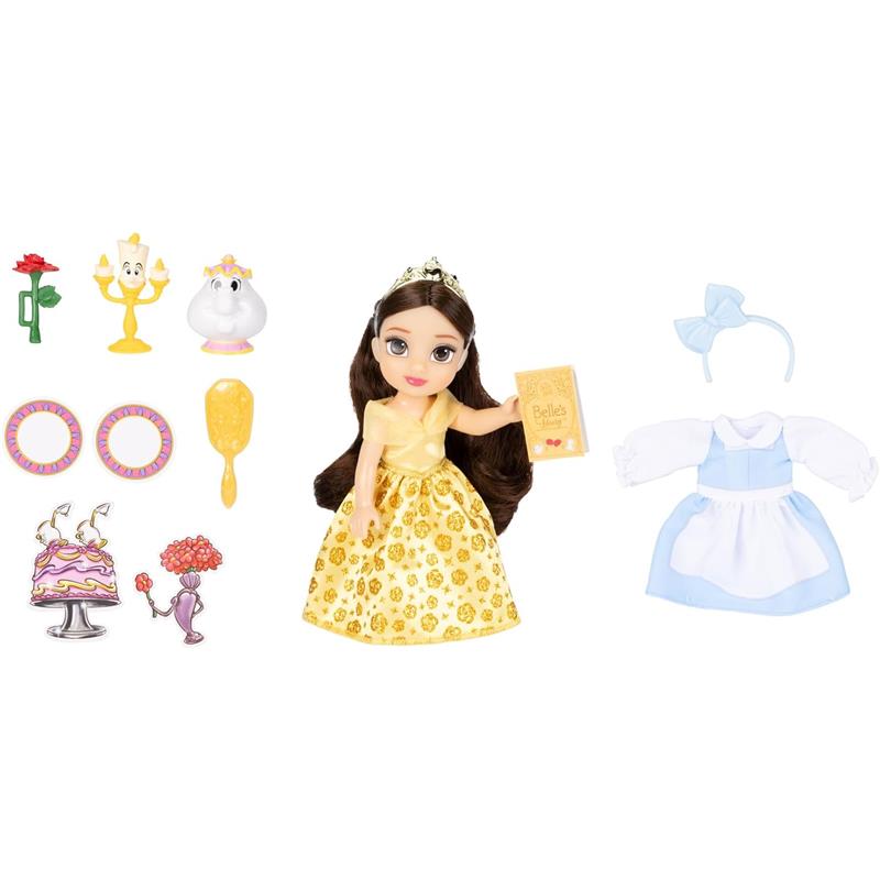 Disney Petite Doll of Belle in a yellow gown, holding a book, with accessories including a tiara, dishes, and extra clothing.