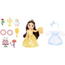 Disney Petite Doll of Belle in a yellow gown, holding a book, with accessories including a tiara, dishes, and extra clothing.