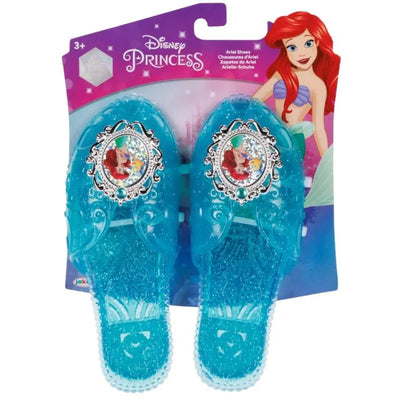 Disney Princess Ariel shoes, featuring a shiny turquoise design with an Ariel character emblem and glitter details. Suitable for ages 3+.