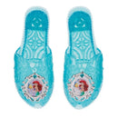 Transparent blue shoes featuring a decorative Ariel graphic and shiny embellishments.