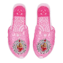 Pink Disney Princess Aurora shoes featuring ornate patterns and a decorative image of Aurora in a silver frame.