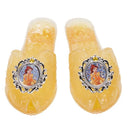 Yellow Disney Princess Belle shoes featuring a character design and decorative silver frames on the top.