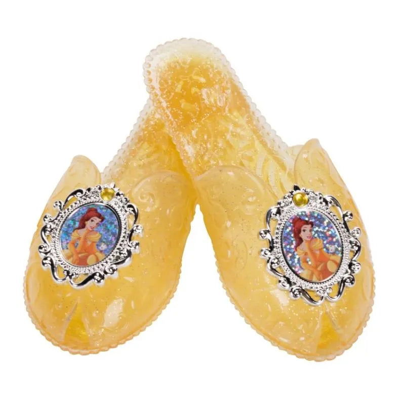 Yellow Disney Princess Belle shoes featuring decorative images and silver accents, designed for kids.