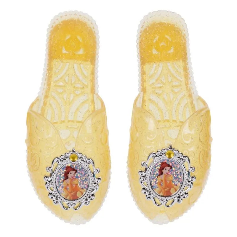 Yellow slip-on shoes featuring a Belle graphic from Disney Princess, adorned with sparkles and a decorative border.