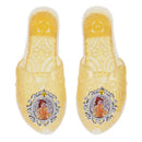 Yellow slip-on shoes featuring a Belle graphic from Disney Princess, adorned with sparkles and a decorative border.