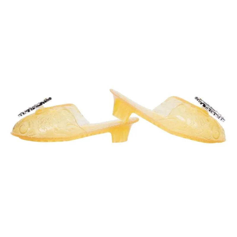 Disney Princess Belle shoes feature a translucent yellow design with decorative embossed details and a small heel.
