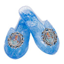 Blue Cinderella shoes featuring ornate designs and character images, ideal for dress-up or play.