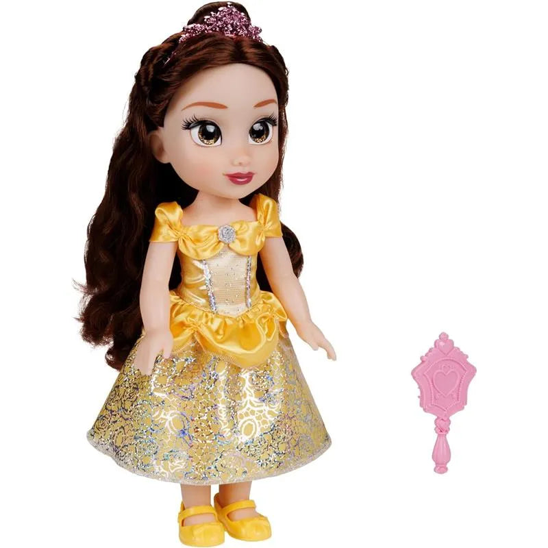Large doll of Belle from Disney Princess, featuring a yellow gown, a tiara, and accompanied by a pink mirror accessory.