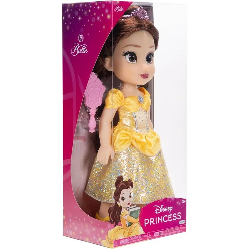 Disney Princess Core Large Doll of Belle, wearing a yellow gown with glitter, featuring a tiara and a pink accessory.