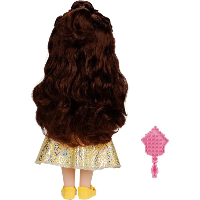 Large doll of Belle from Disney Princess, featuring long curly brown hair and a yellow dress, accompanied by a pink hairbrush.