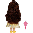 Large doll of Belle from Disney Princess, featuring long curly brown hair and a yellow dress, accompanied by a pink hairbrush.
