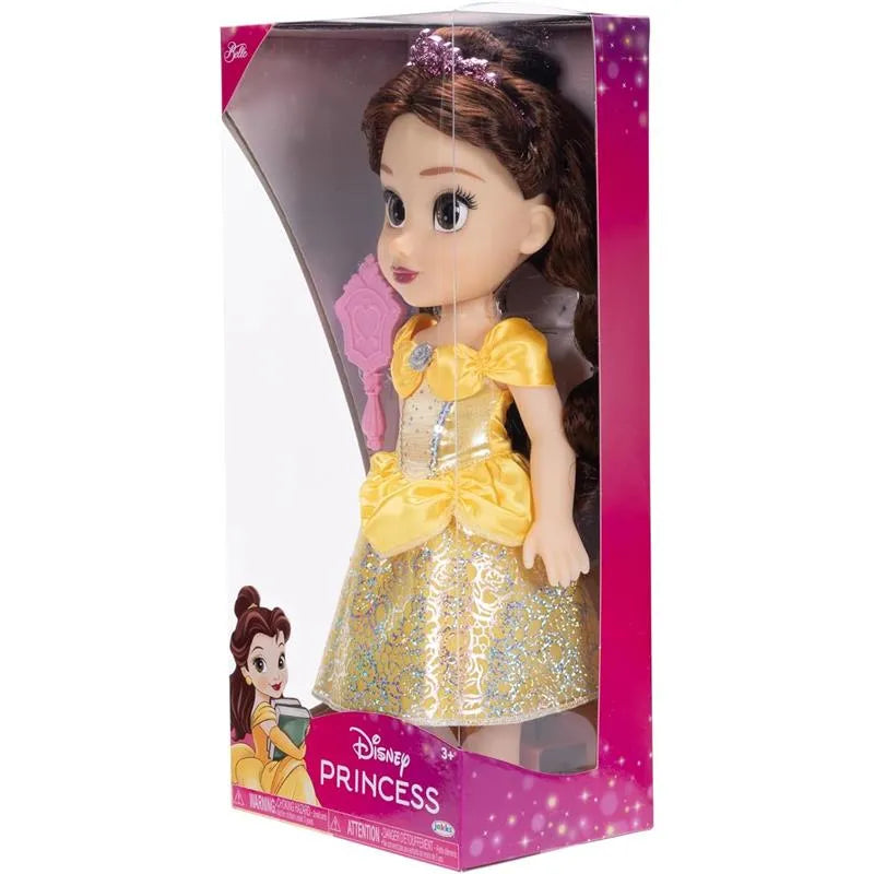 Disney Princess Core Large Doll of Belle, dressed in a sparkly yellow gown, displayed in a clear packaging.