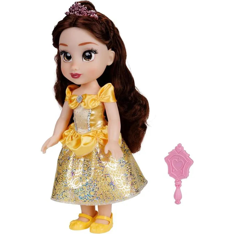 Disney Princess Core Large Doll of Belle, wearing a golden dress with a sparkling skirt, and accompanied by a pink accessory.