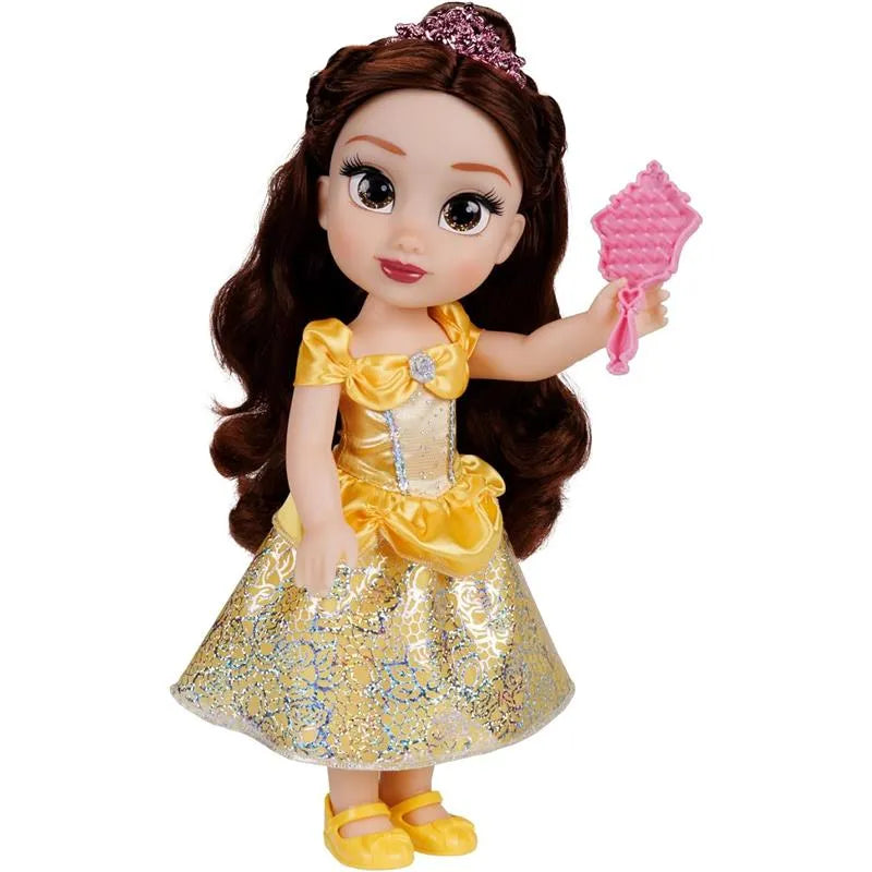 Disney Princess Core Large Doll of Belle, featuring a yellow gown, tiara, and pink brush accessory.