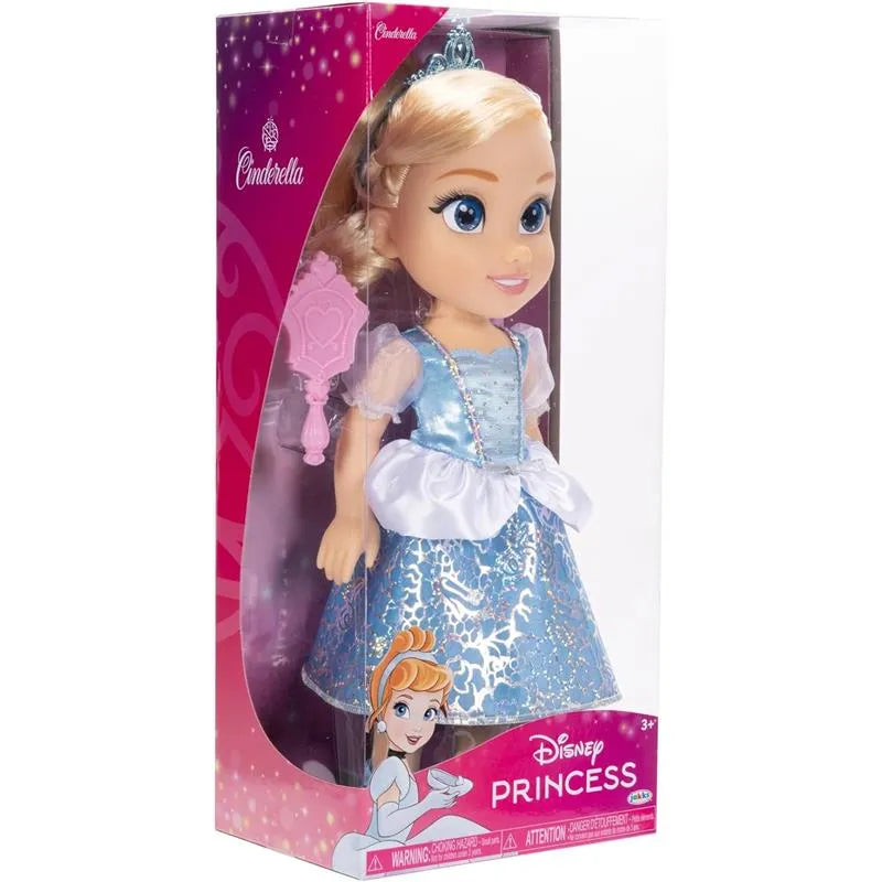 Disney Princess Core Large Doll of Cinderella in a blue dress with sparkles, packaged with a wand accessory.