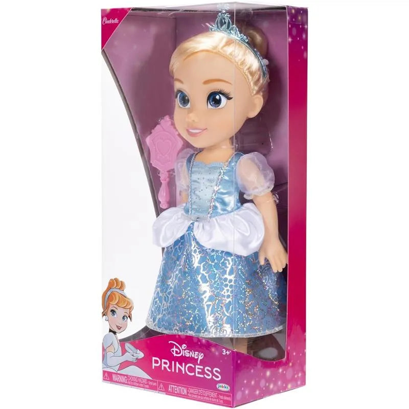 Disney Princess Core Large Doll of Cinderella, dressed in a blue gown with a white bow and a tiara, in packaging.