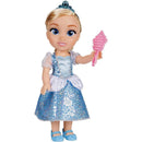 Cinderella large doll wearing a blue dress with silver accents, holding a pink hairbrush and wearing a tiara.
