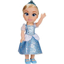 Cinderella large doll with blonde hair, blue eyes, and a shimmering blue gown, waving in a friendly gesture.