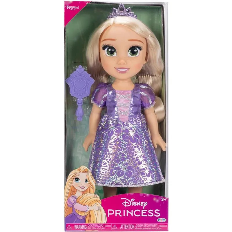 Rapunzel large doll in a purple dress holding a mirror, featuring big eyes and blonde hair, in a display box.