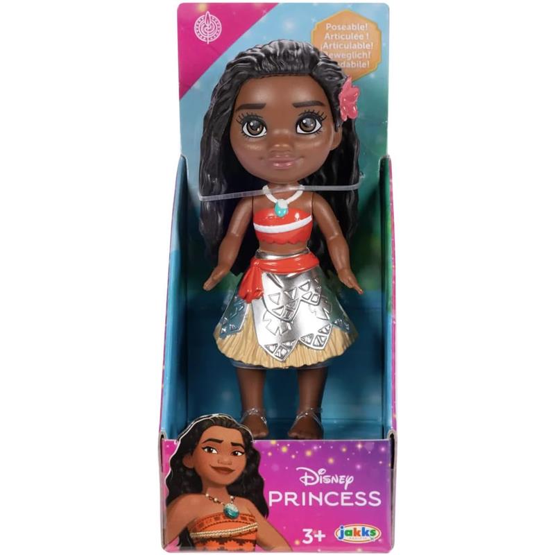 Mini 3-inch Moana figure by Jakks, featuring detailed attire and poseable arms, packaged in colorful Disney Princess box.