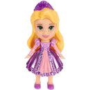 Mini 3-inch Rapunzel figure with blonde hair, green eyes, and a purple dress, featuring a matching crown.