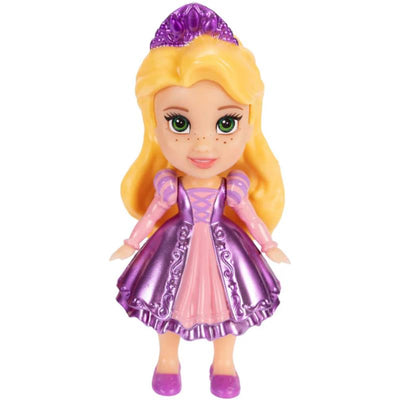 Mini 3-inch Rapunzel figure with blonde hair, green eyes, and a purple dress, featuring a matching crown.