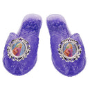 Purple plastic shoes featuring a sparkly design and an image of Rapunzel in an ornate frame.