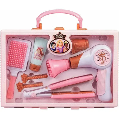 Trendy hair playset featuring a hairdryer, brush, curling iron, and accessories, in a pink carrying case with Disney princesses design.