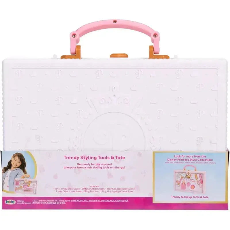 Trendy hair styling tool set in a white case with a pink handle, includes a toy blow dryer and hairbrush.