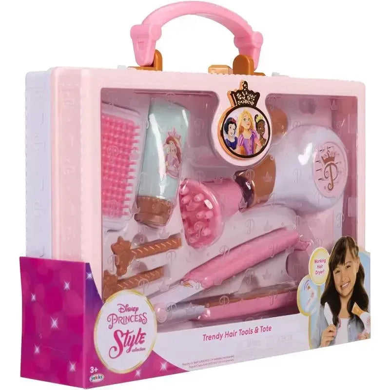 Disney Princess Style Collection hair play set, featuring a hair dryer, comb, hairbrush, and hairstyling tools in a carry case.