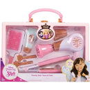 Disney Princess Style Collection hair playset with tools including a hairdryer, comb, and accessories, featuring a young girl.
