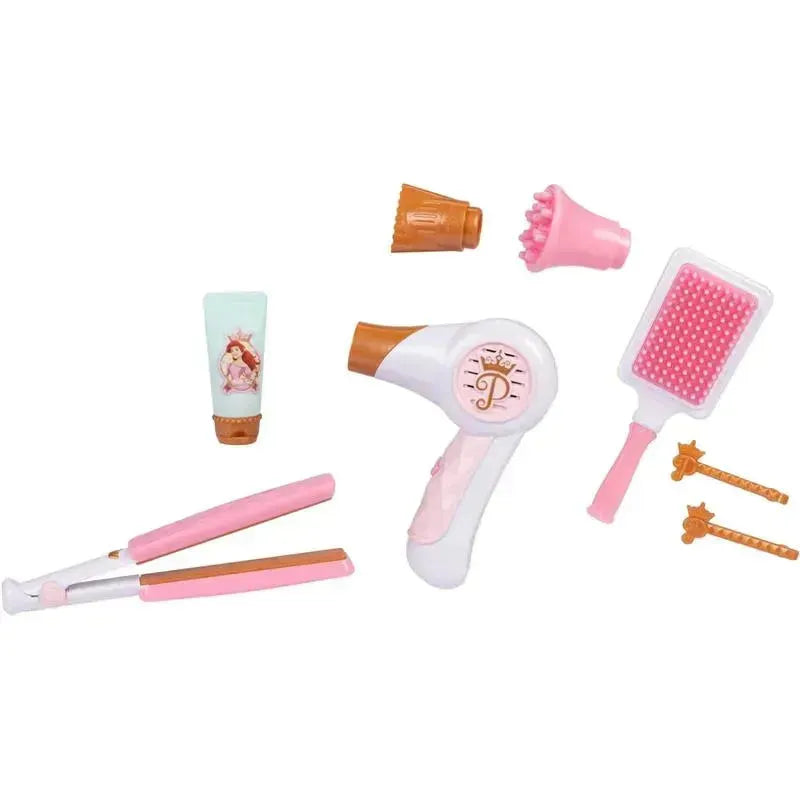 Pretend play hair styling set featuring a hair dryer, straightener, brush, and accessories, designed for girls.