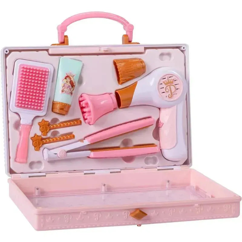 Trendy hair pretend play set including a hairdryer, straightener, brush, and accessories in a pink carry case.