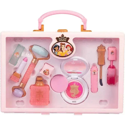 Trendy pink makeup tote bag with Disney Princess designs, featuring various toy makeup items and accessories.