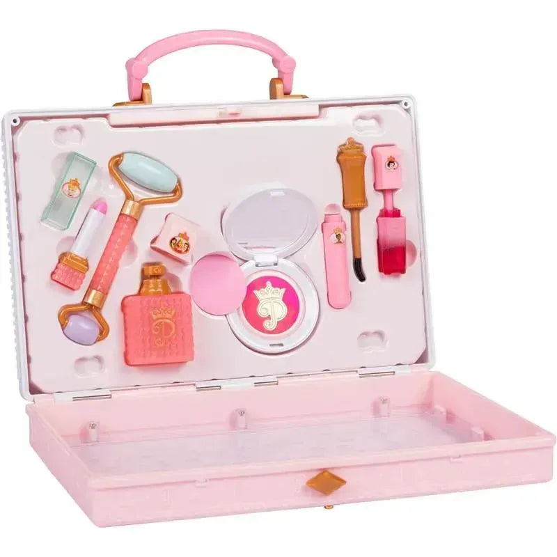 Trendy pink makeup tote bag featuring various cosmetic items like lipstick, a mirror, and a roller.